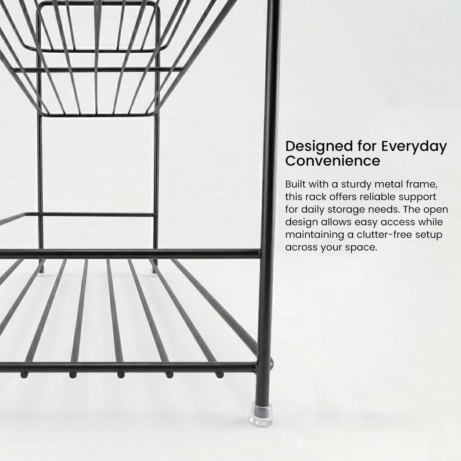 GoHooked black metal 2-tier wire storage rack organizer for countertops, ideal for jars, bottles, and essentials.