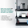 GoHooked black metal 3-tier bathroom shelf rack organizer holding toiletries, toilet paper, and toothbrushes.