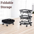 GoHooked black metal 3-tier foldable rolling storage basket with wheels, shown both open and folded.