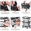 GoHooked black metal 3-tier foldable rolling storage basket with wheels, ideal for fruits and vegetables.