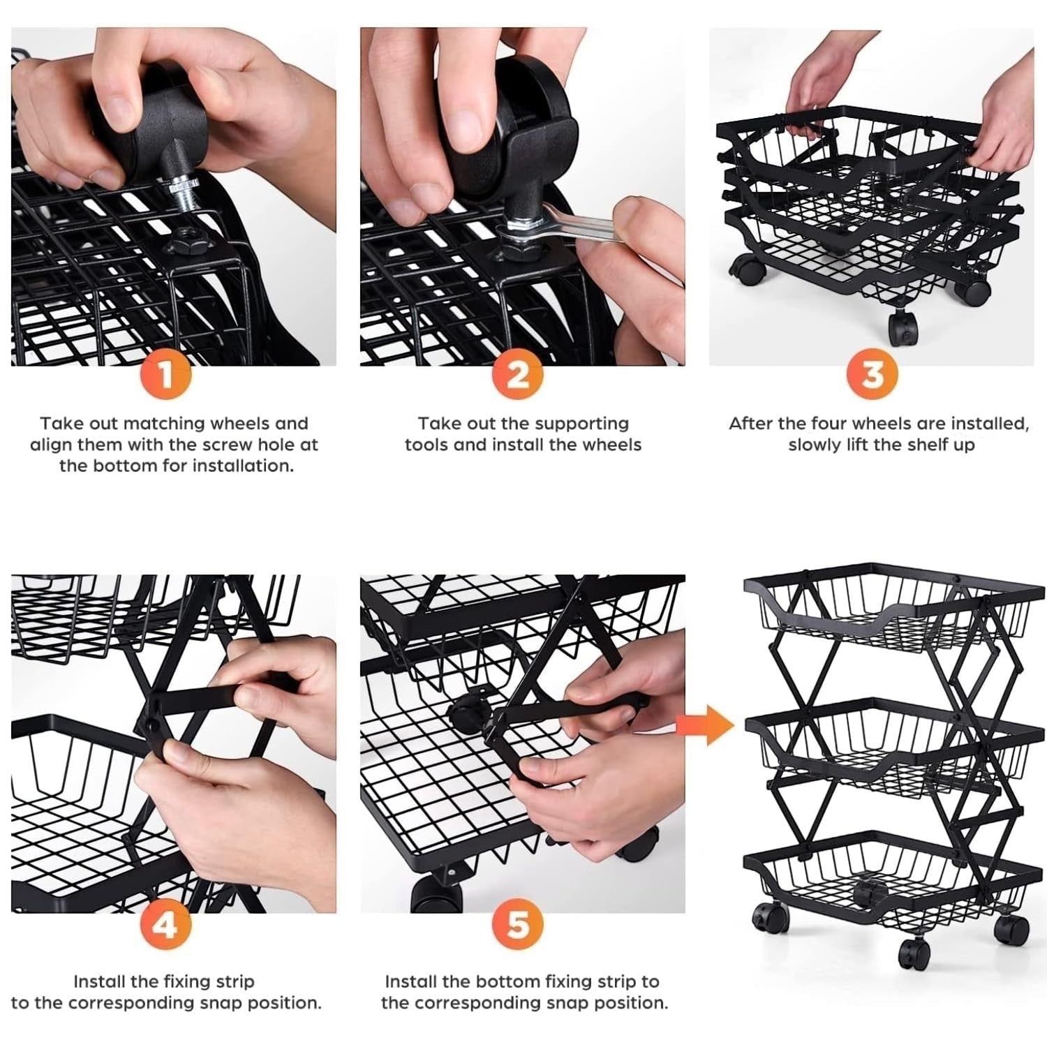 GoHooked black metal 3-tier foldable rolling storage basket with wheels, ideal for fruits and vegetables.
