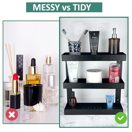 GoHooked black metal 3-tier bathroom shelf rack organizer holding toiletries and cosmetics.