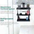 Go Hooked black metal 3-tier bathroom shelf rack organizer holding toiletries and accessories.