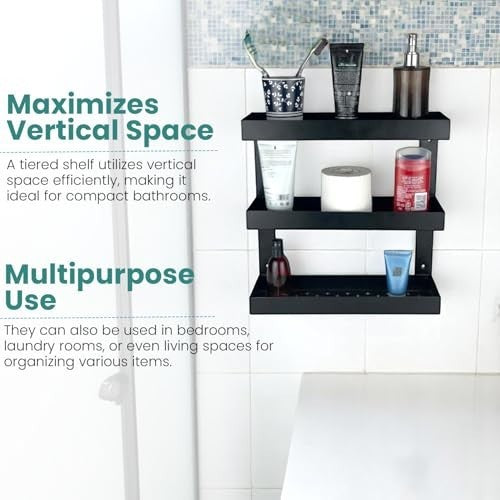 Go Hooked black metal 3-tier bathroom shelf rack organizer holding toiletries and accessories.