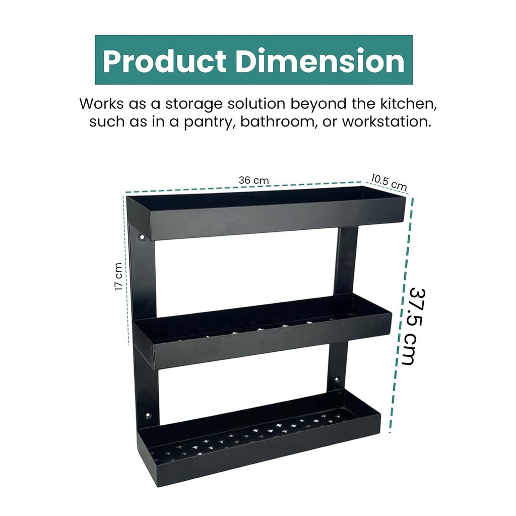 Go Hooked black metal 3-tier wall-mounted storage shelf rack for pantry, bathroom, or kitchen organization.