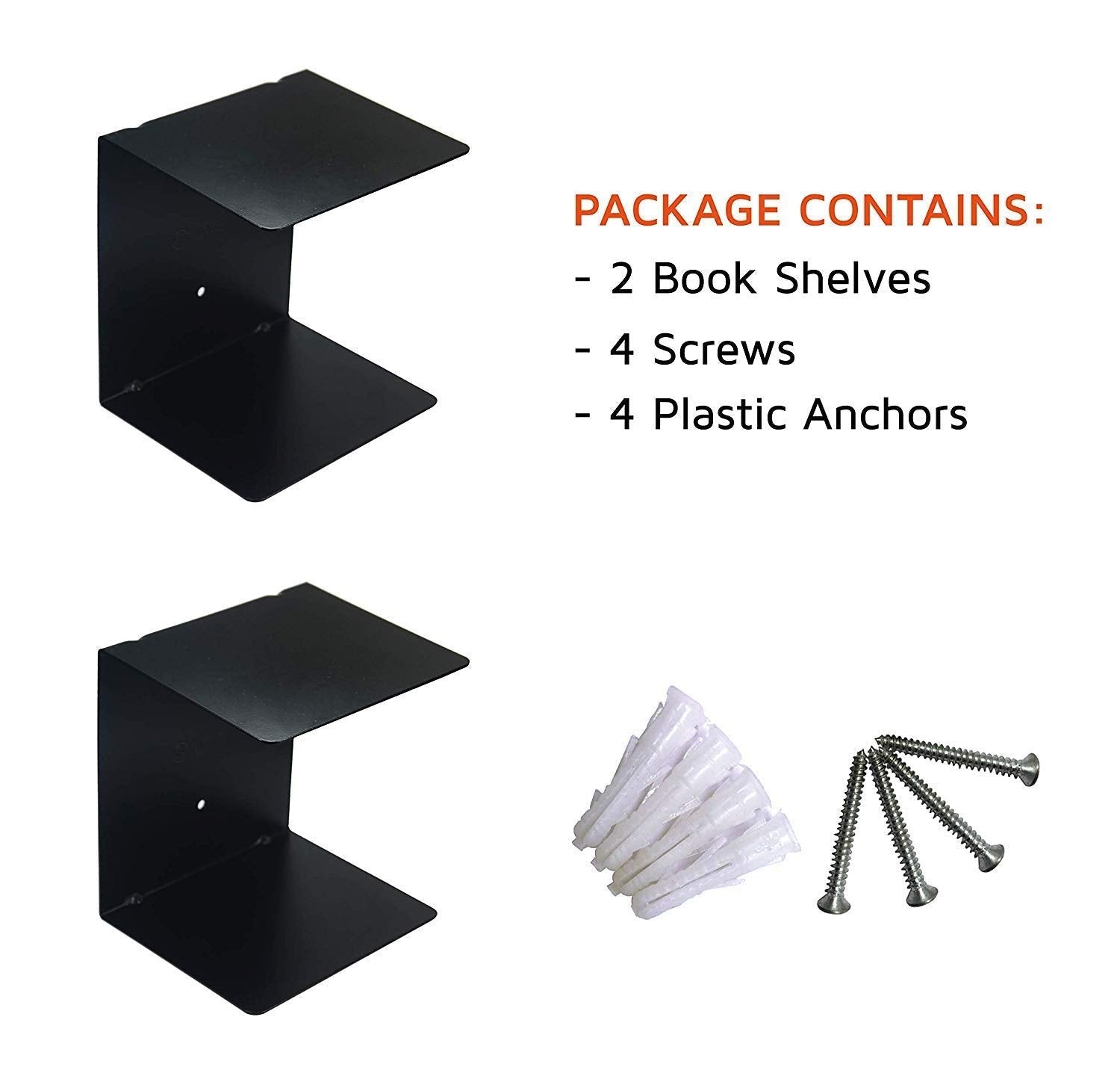 GoHooked black heavy duty iron wall mounted book shelves, set of 2. Includes screws and anchors.