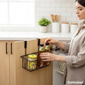 GoHooked black metal multipurpose cabinet door organizer basket holding jars and bottles in a kitchen.