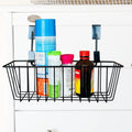 GoHooked black metal wire cabinet door organizer basket holding cleaning supplies and bottles.