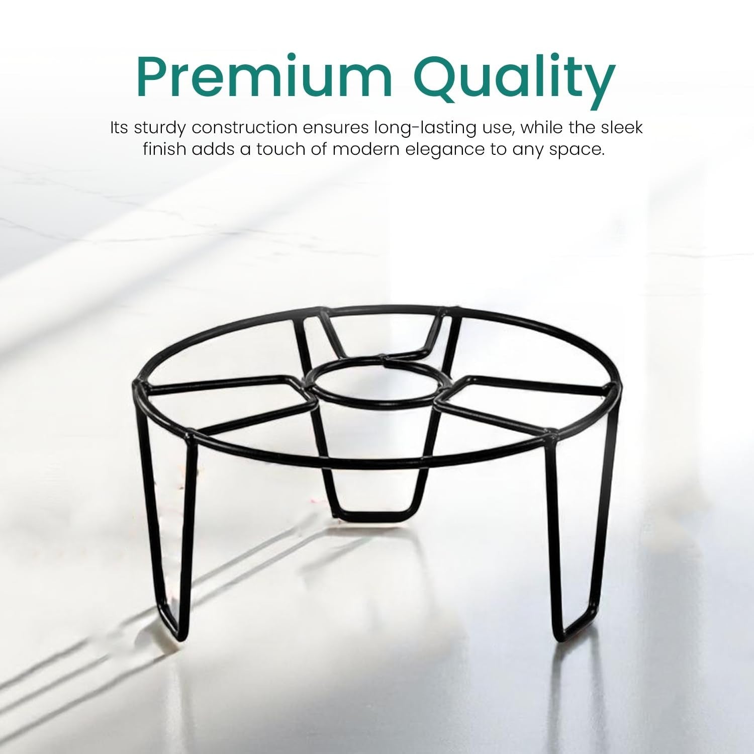 GoHooked black metal round flower pot stand, 8 inch diameter, 4 inch height, rust-proof powder coating.