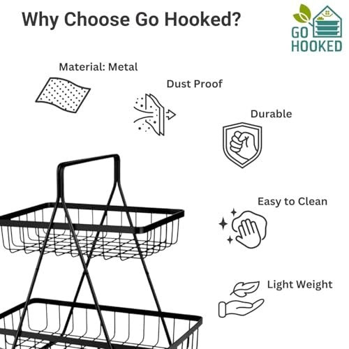 GoHooked black metal 2-tier fruit basket with open wire design for countertop storage.