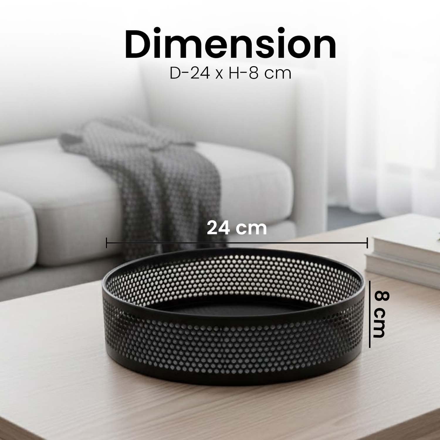 Go Hooked black metal revolving fruit basket with a perforated mesh design, 24cm diameter, 8cm height.