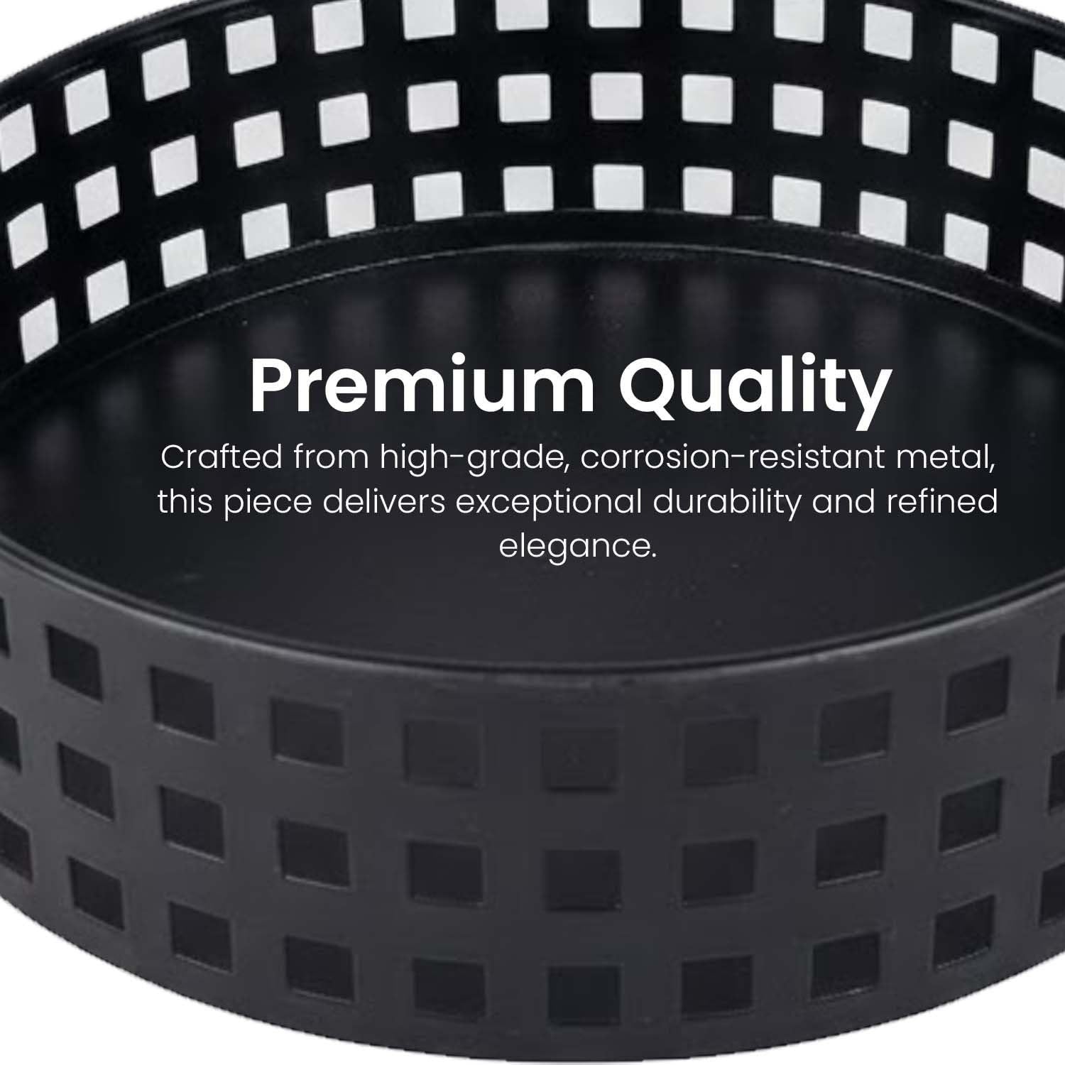 Go Hooked black metal revolving fruit basket with a square cut-out design for ventilation and easy access.