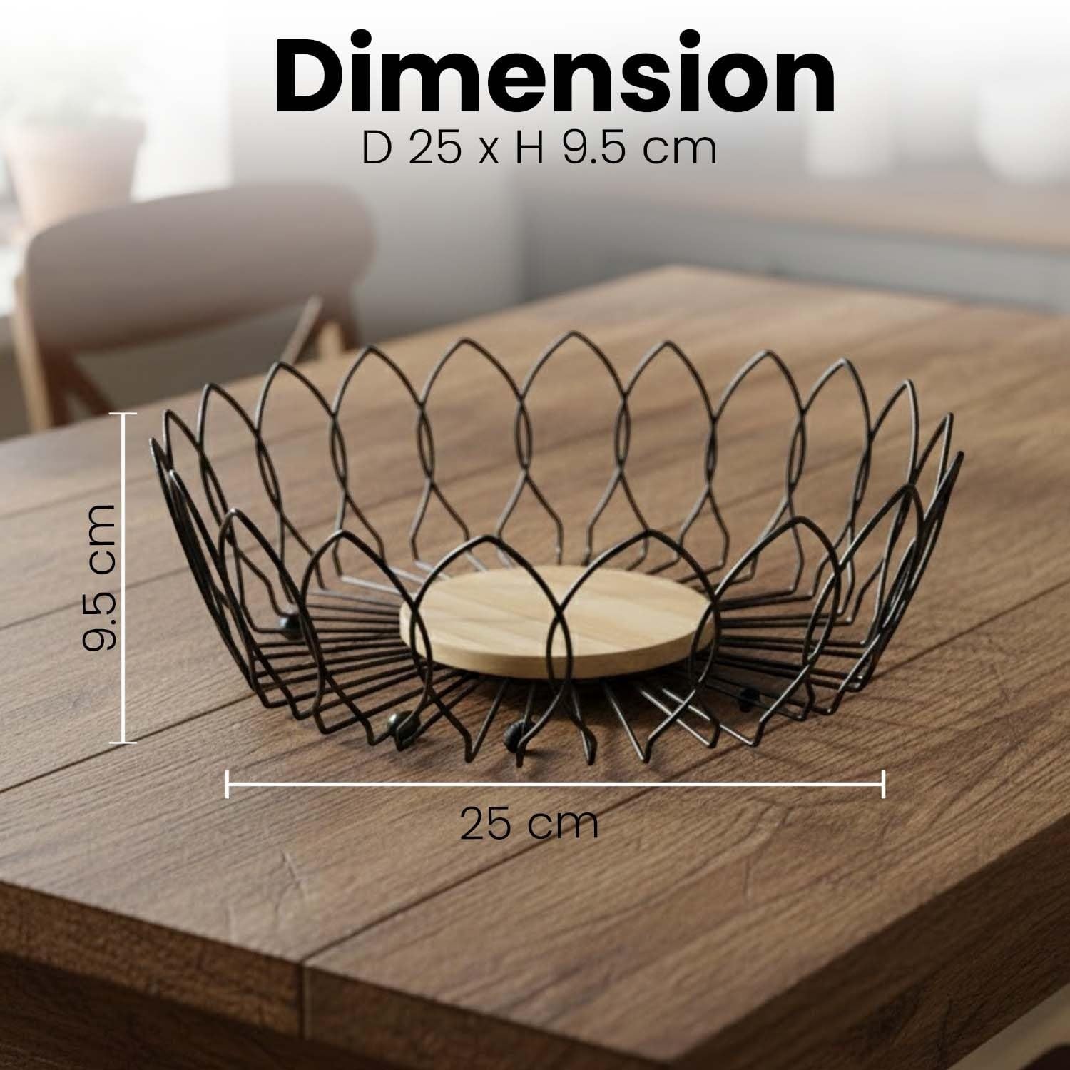 Go Hooked black metal wire fruit basket with wooden base, 25cm diameter, 9.5cm height. Open design for airflow.