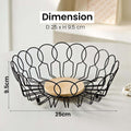 GoHooked black metal wire fruit basket with wooden base, 25cm diameter, 9.5cm height, open design for airflow.