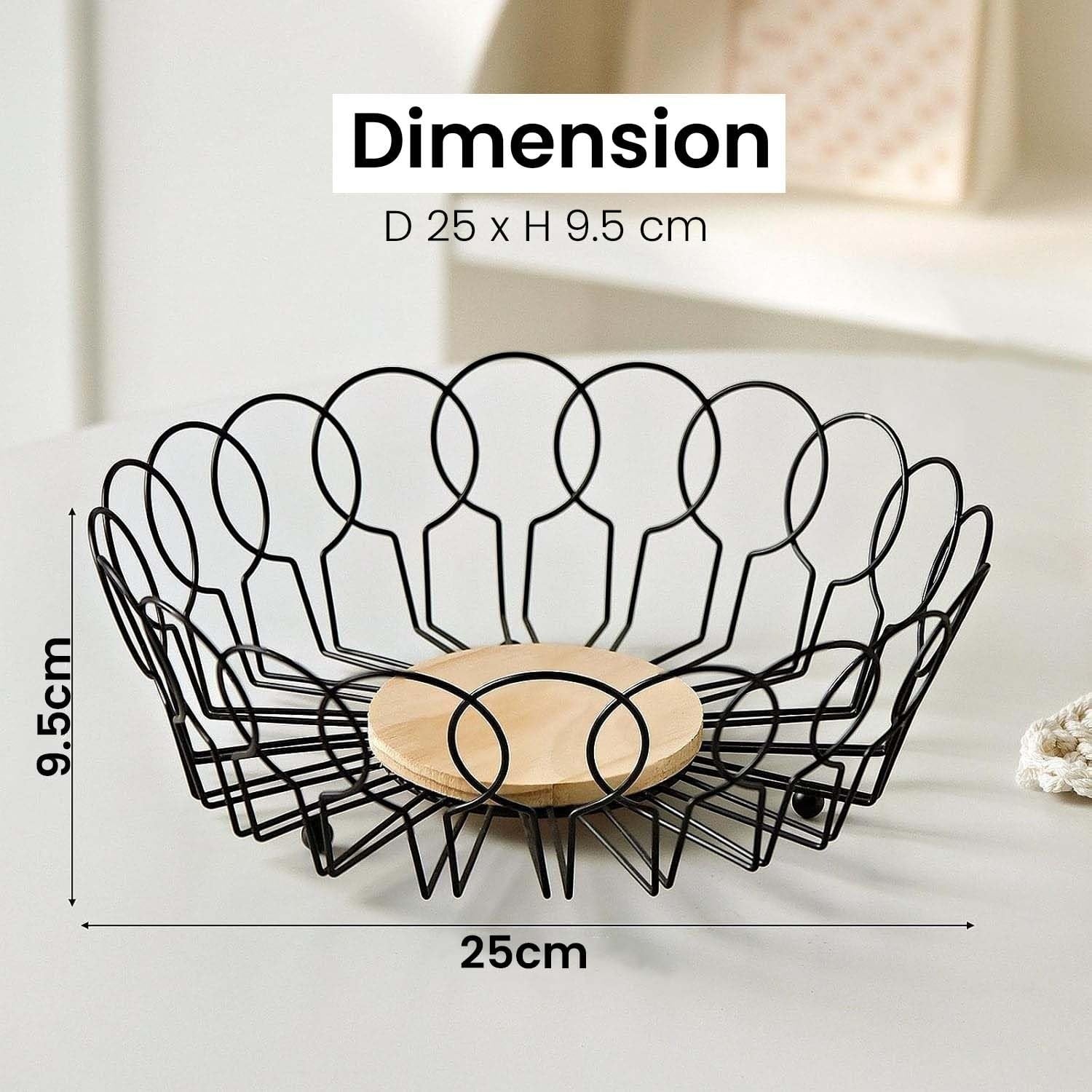 GoHooked black metal wire fruit basket with wooden base, 25cm diameter, 9.5cm height, open design for airflow.