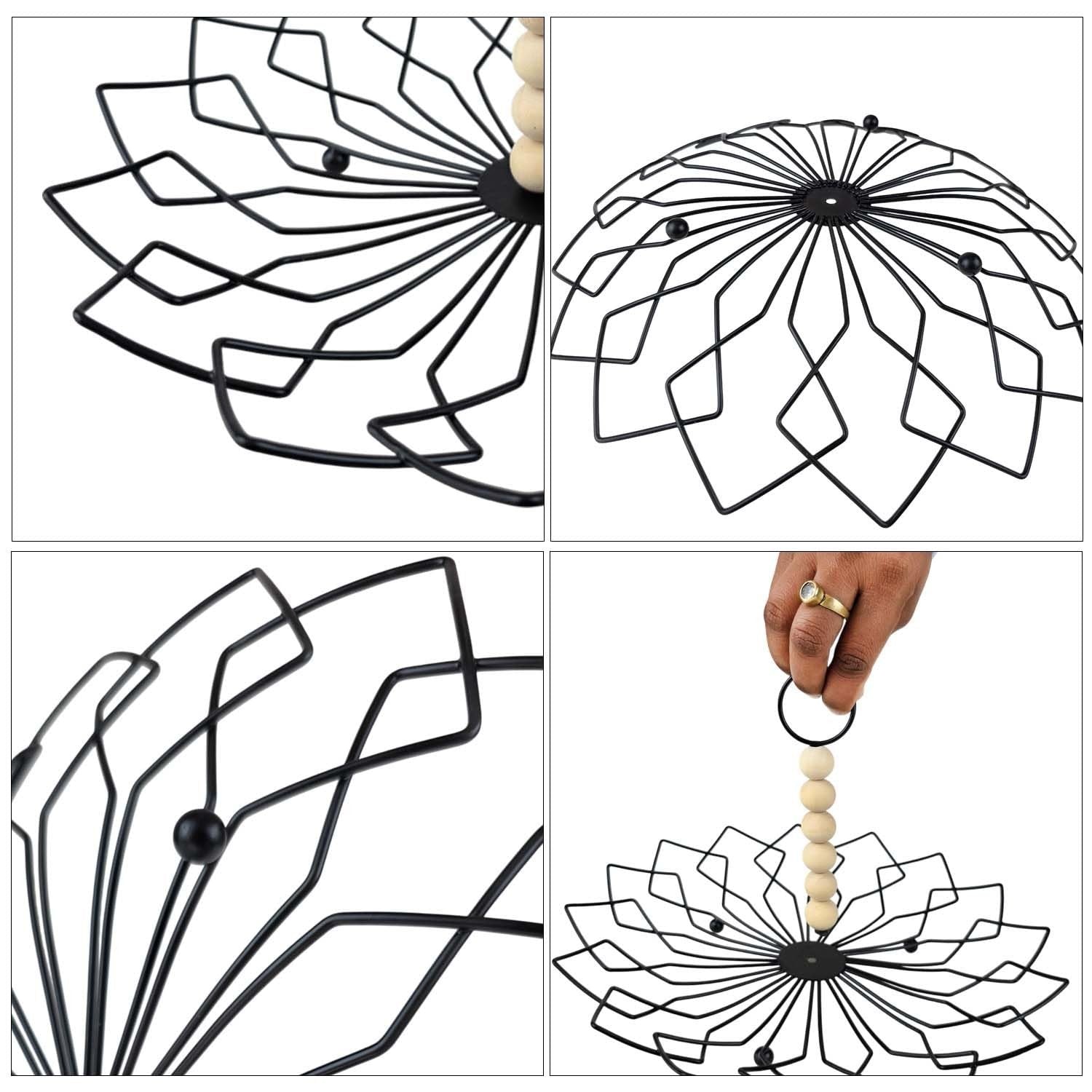 Go Hooked black metal fruit basket with diamond-floral wire design and detachable wooden bead handle.