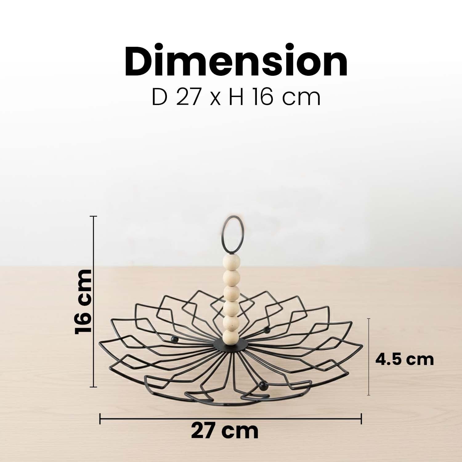 Go Hooked black metal fruit basket with detachable wooden bead handle and floral wire design. 26cm diameter.