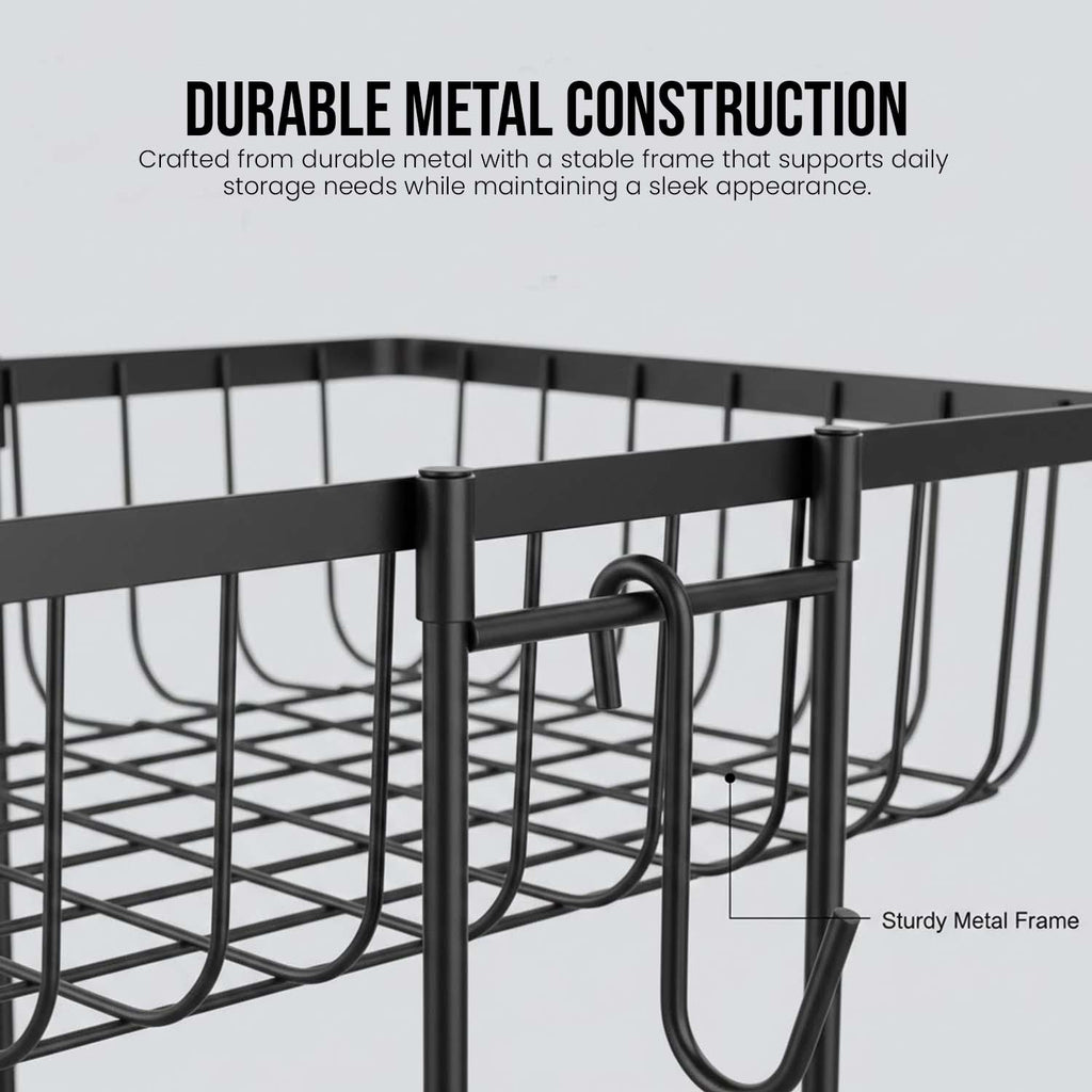 Close-up of the GoHooked black iron 2-tier fruit basket showing the sturdy metal wire frame and durable construction.