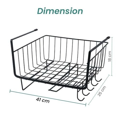 GoHooked black metal wire under shelf hanging basket organizer with hooks, 16 inch