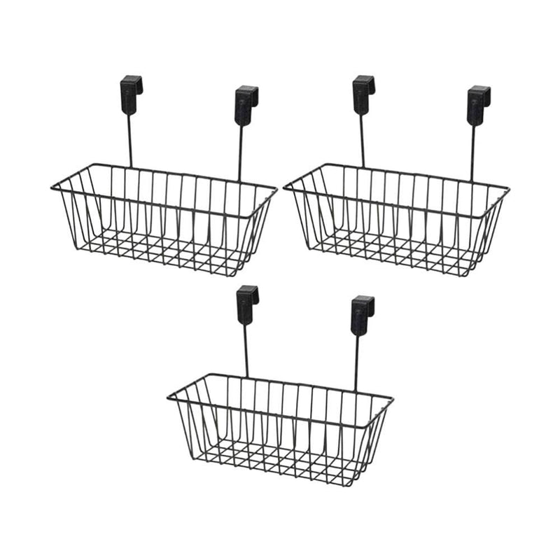 GoHooked black metal over door hanging basket organizer, pack of 3. Ideal for cabinets, bathrooms, and bedrooms.