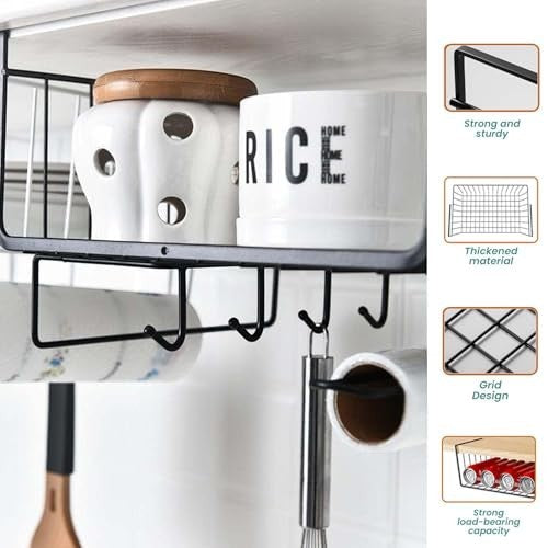 GoHooked black coated metal wire hanging basket organizer with hooks, holding kitchen items.