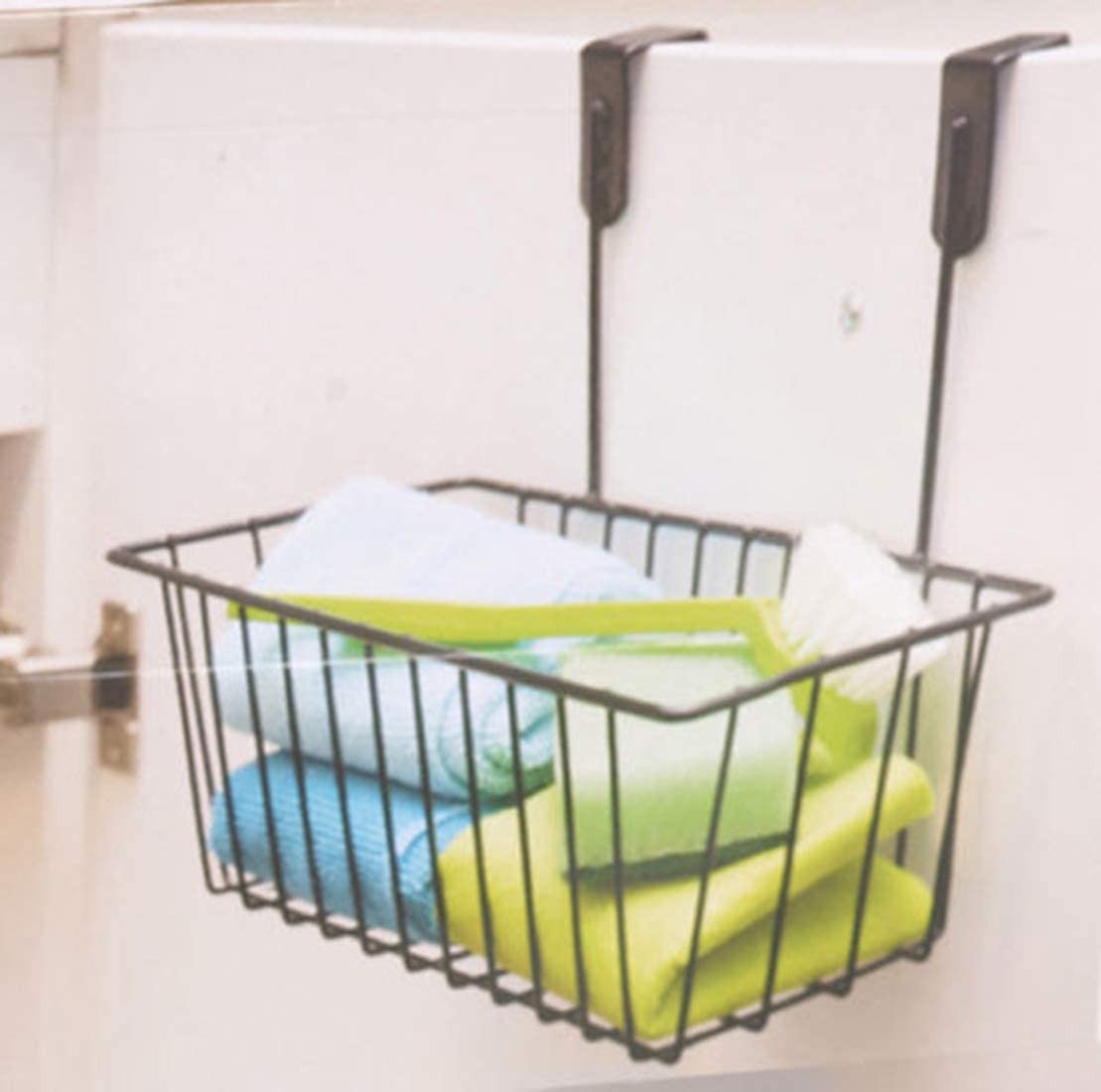 GoHooked black metal hanging basket organizer with towels and cleaning supplies, 28x12x10 cm