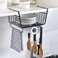 GoHooked black metal wire hanging basket organizer with bowls, paper towel, and utensils. Features hooks for hanging.