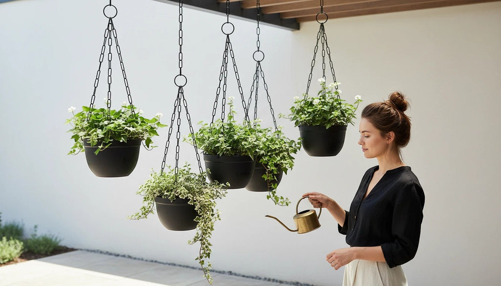 GoHooked 12-inch black metal hanging plant chains, set of 5, for outdoor decor.