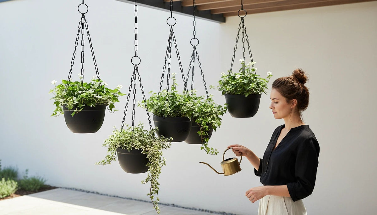 GoHooked 12-inch black metal hanging plant chains, set of 5, for outdoor decor.