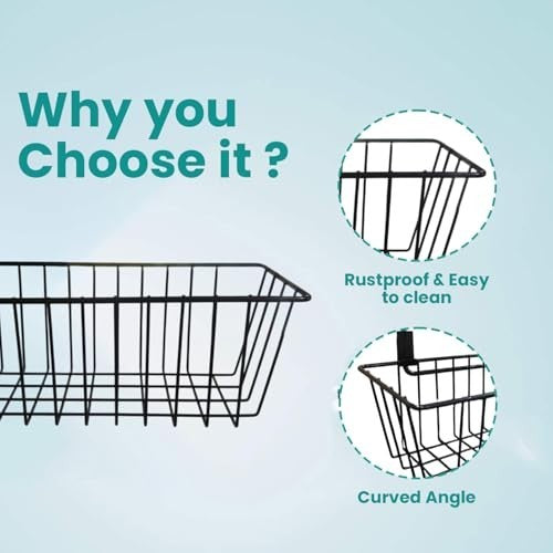 GoHooked black metal hanging storage basket with curved angle design, rustproof and easy to clean.