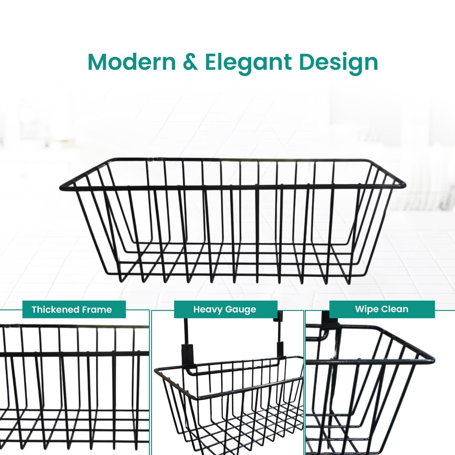 GoHooked black metal hanging storage basket for cabinet doors, heavy duty and space saving.