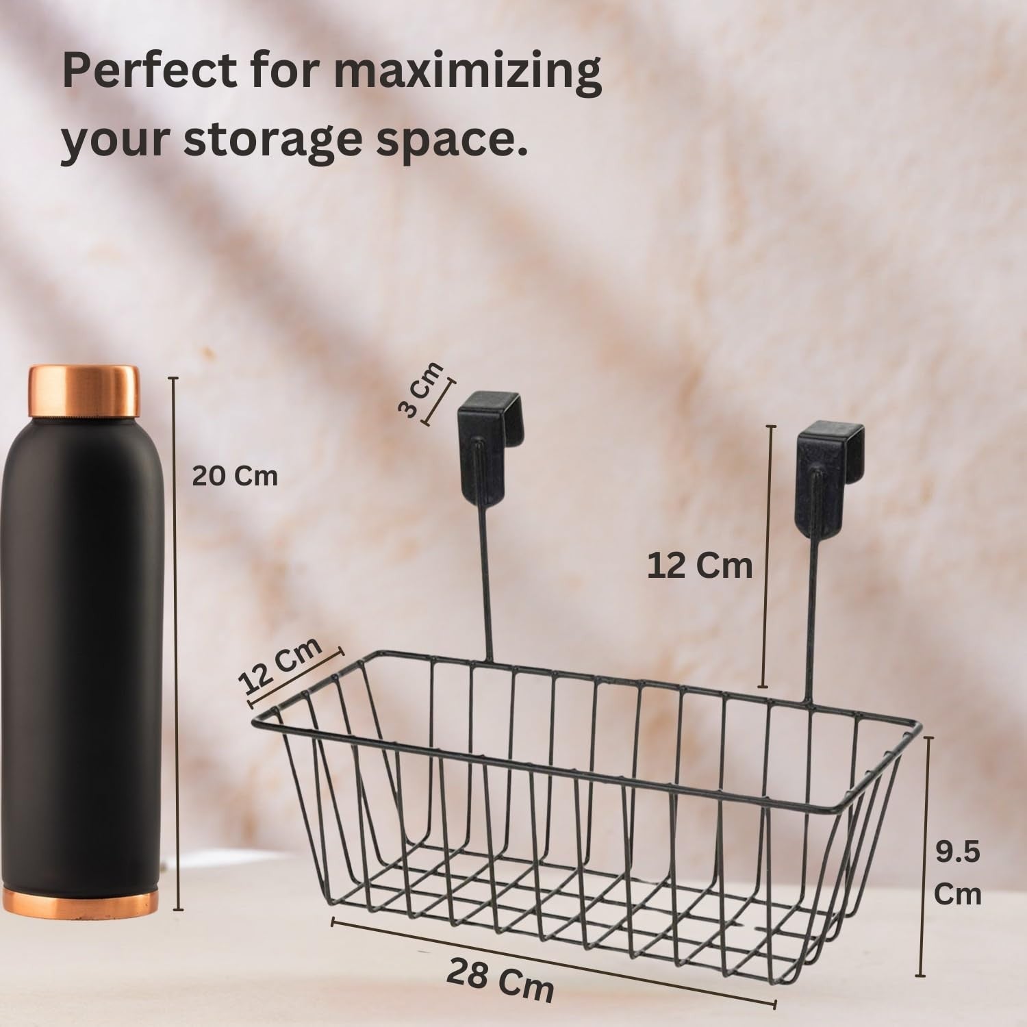 GoHooked black metal hanging storage basket with over-the-door hooks, perfect for kitchens or cabinets.