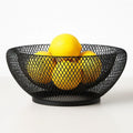GoHooked 12-inch black double-layer metal mesh fruit bowl with lemons. Features a durable iron wire basket design for ventilation and display.