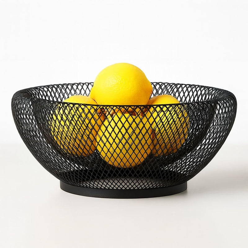 GoHooked 12-inch black double-layer metal mesh fruit bowl with lemons. Features a durable iron wire basket design for ventilation and display.