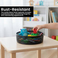 GoHooked black metal mesh revolving lazy Susan organizer filled with toys and a plush monster.