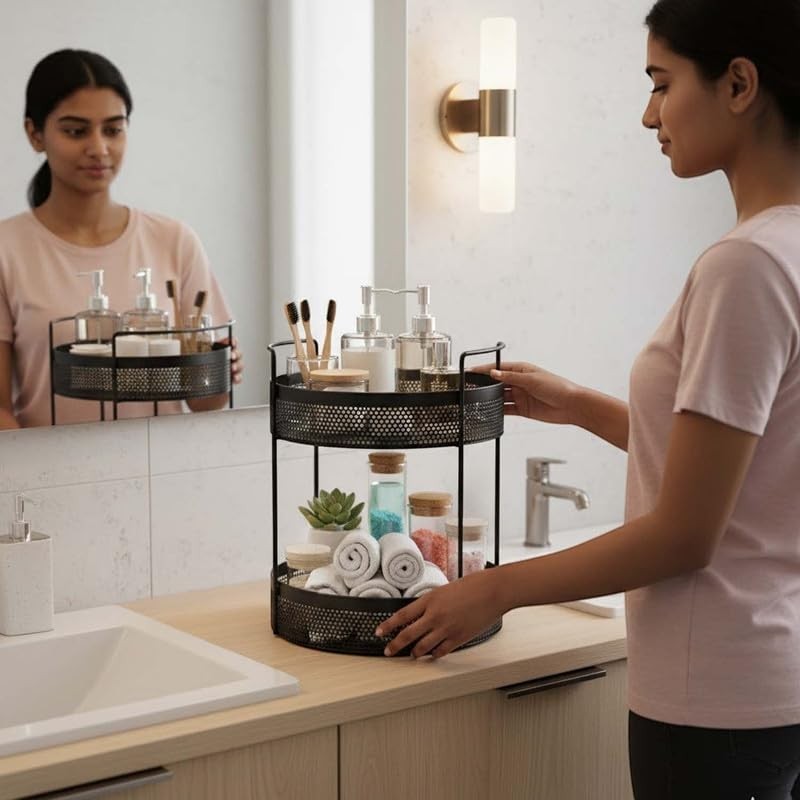 Go Hooked black 2-tier metal mesh countertop organizer basket with handles, holding toiletries and rolled towels.