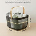 GoHooked black metal mesh storage basket with wooden handle, perfect for home, office, or bathroom organization.