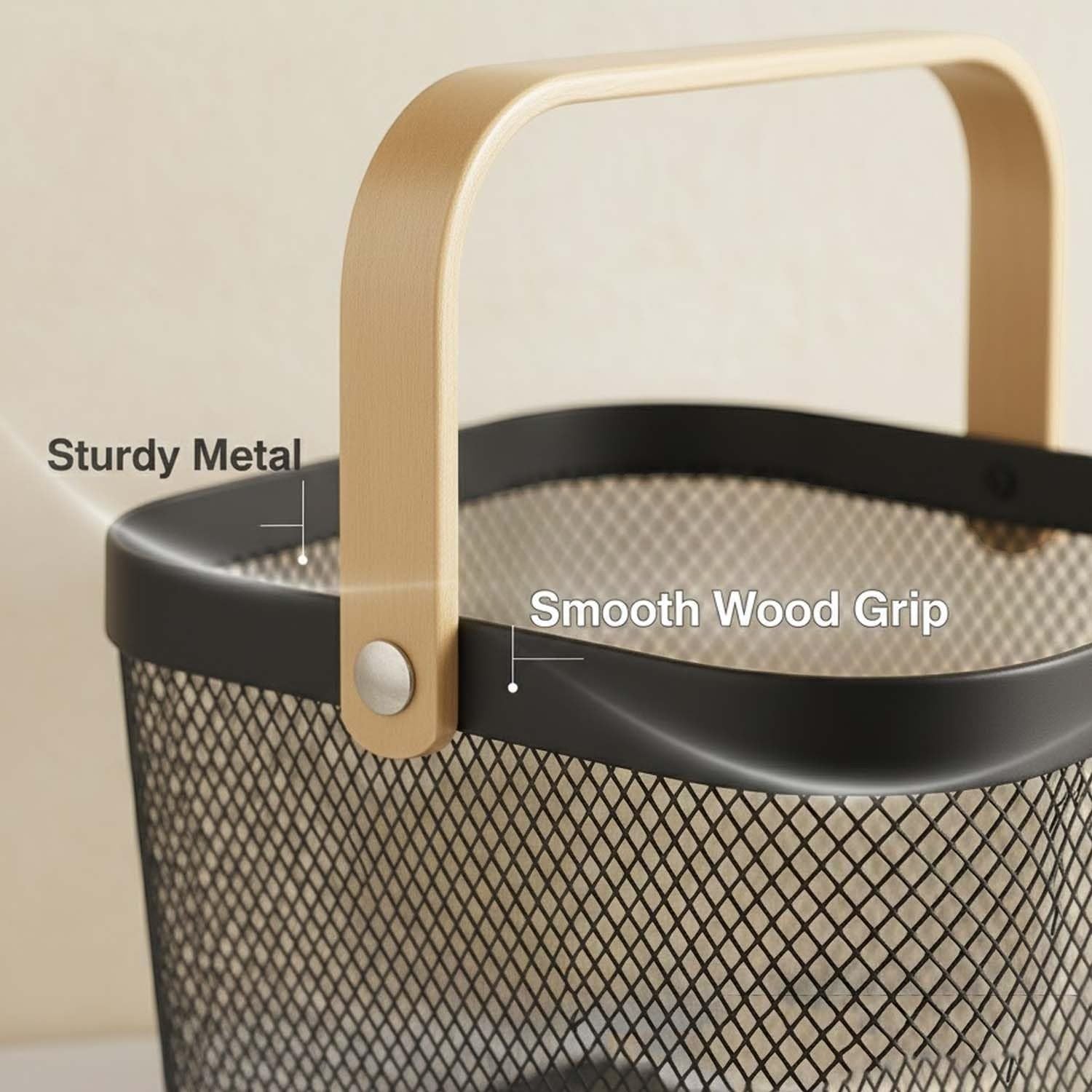 GoHooked black metal mesh storage basket with a smooth wooden handle, 37cm. Ideal for home or office organization.