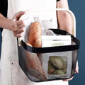 GoHooked black metal mesh storage basket with wooden handle, 37cm. Ideal for home, office, or bathroom organization.
