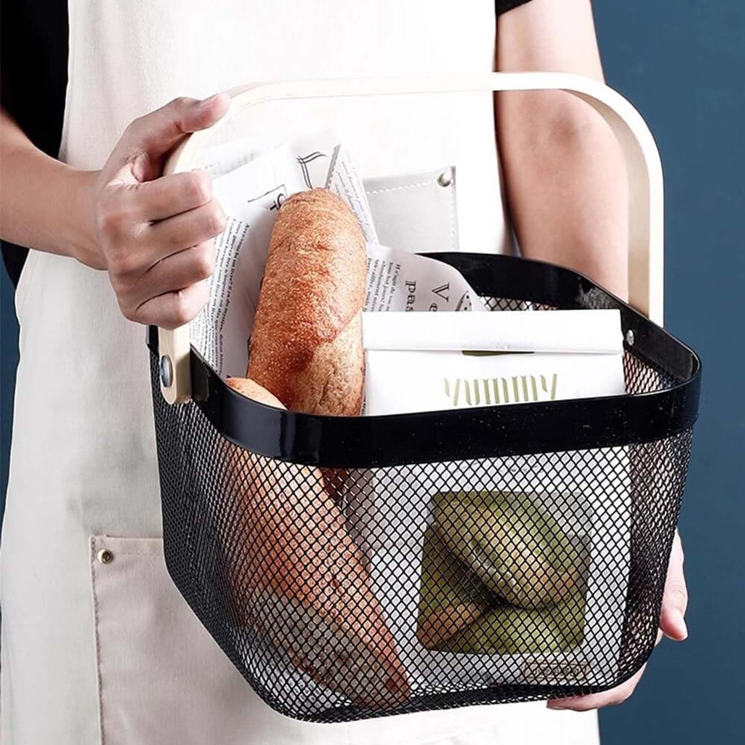 GoHooked black metal mesh storage basket with wooden handle, 37cm. Ideal for home, office, or bathroom organization.