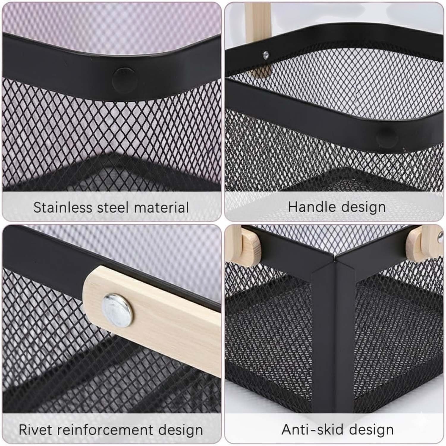 GoHooked black metal mesh storage basket with wooden handle, 37cm. Multipurpose organizer for home, office, bathroom.