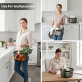 GoHooked black metal mesh storage basket with wooden handle, shown holding fruit in a kitchen, towels in a laundry room, and office supplies.