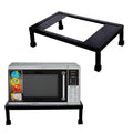 GoHooked black metal universal microwave oven stand, shown with and without a microwave.