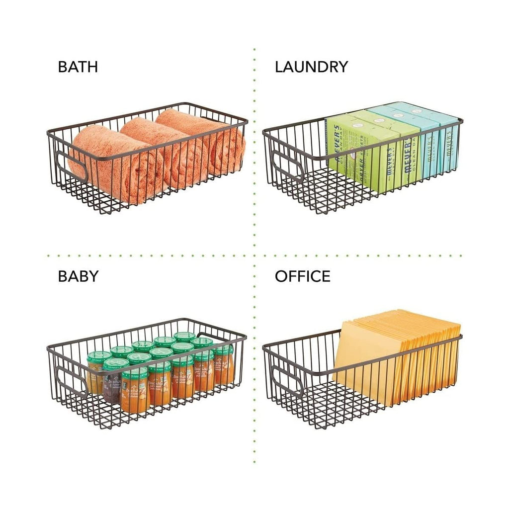 GoHooked black metal farmhouse pantry organizer basket with wire grid design and handles, shown holding towels, laundry detergent, baby food jars, and office supplies.