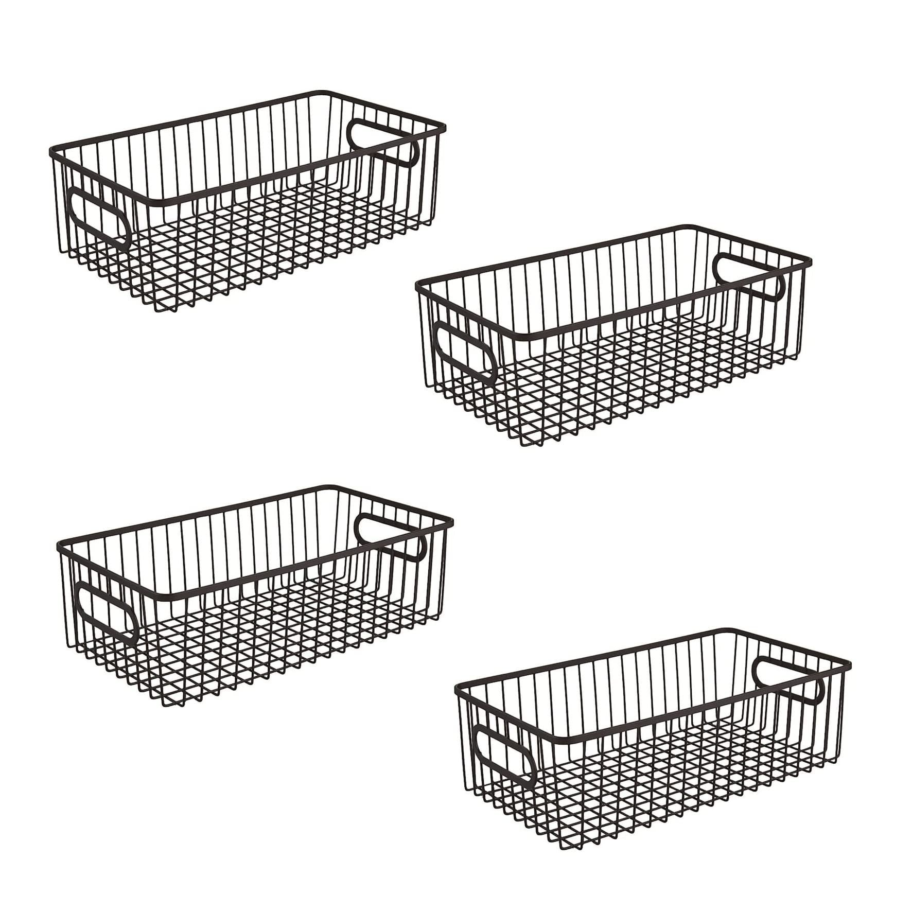 GoHooked black metal wire grid pantry organizer baskets with handles, set of 4. Ideal for food storage.