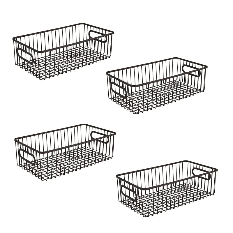 GoHooked black metal wire grid pantry organizer baskets with handles, set of 4. Ideal for food storage.