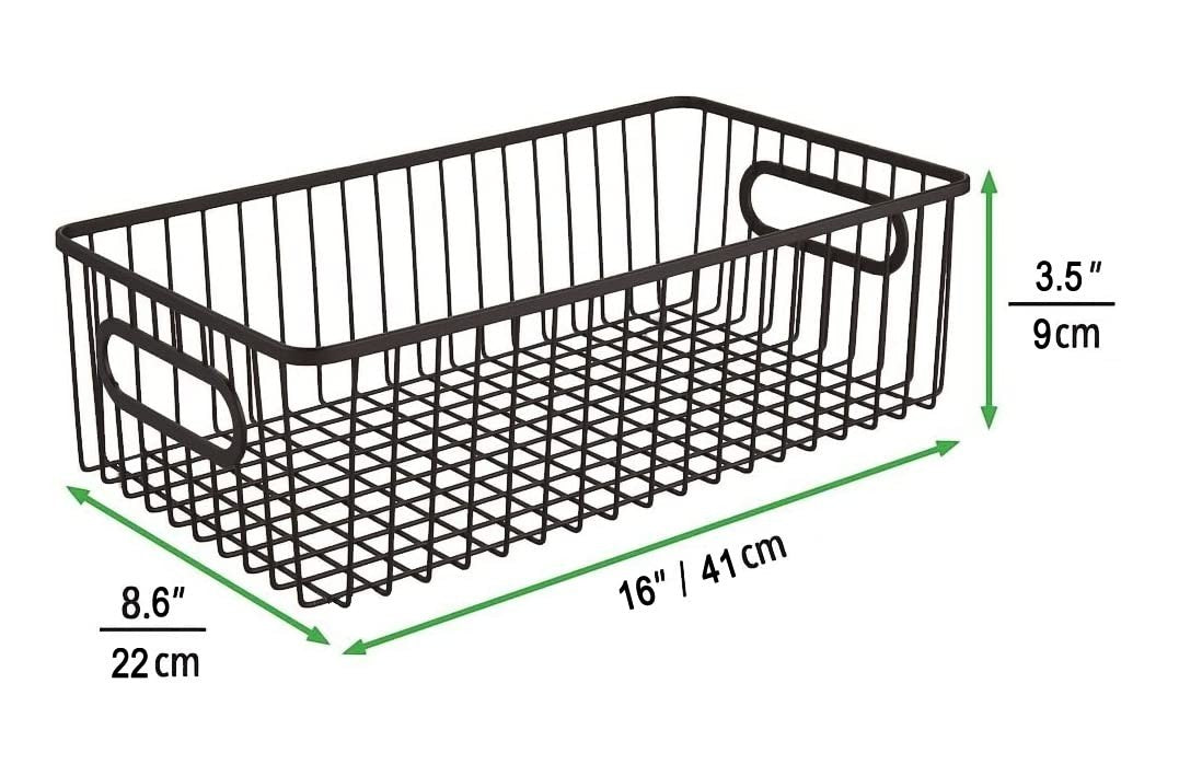 GoHooked black metal wire grid pantry organizer basket bin with handles, 16" L x 8.6" W x 3.5" H