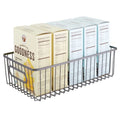 GoHooked black metal wire grid pantry basket bin with handles, holding boxes of baking mix.