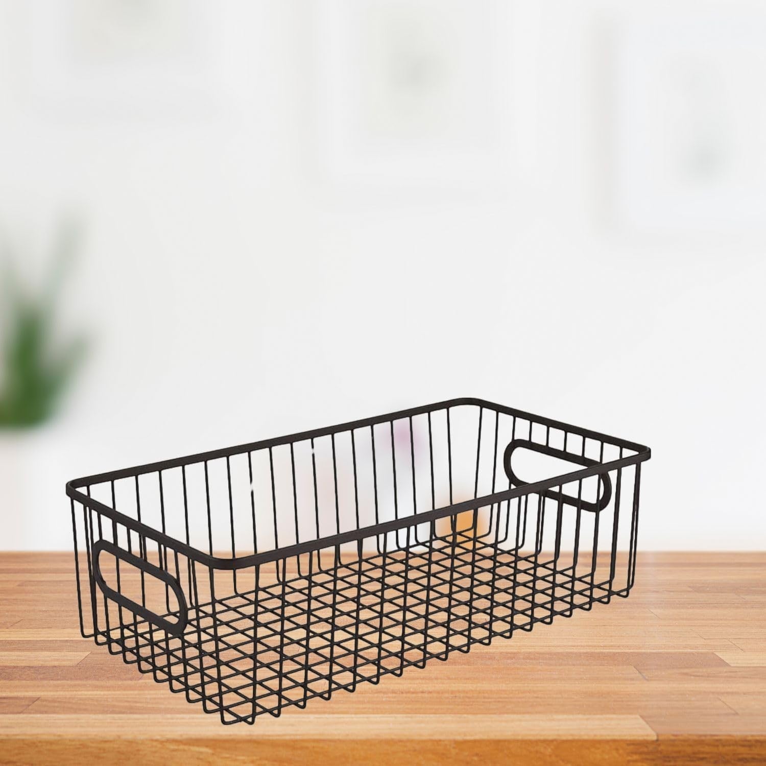 GoHooked black metal wire grid pantry organizer basket with handles, 16" L