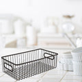 GoHooked black metal wire grid pantry basket with handles, 16" L x 8.6" W x 3.5" H. Set of 2.